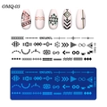 Detail of OMQ-03 nail stamping plate with geometric patterns and manicure examples - Ethnic Geometric Theme (OM-Q印花模板03)