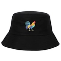 Classic black cotton bucket hat featuring a colorful rooster embroidery on the front - Adjustable / Black