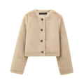 Chaqueta corta de piel sintética para mujer en caqui con cuello redondo y botones - XS / Albaricoque