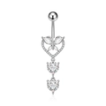 Close-up of silver navel piercing with heart and butterfly pendant with white zircons - Butterfly Heart Style (2933)