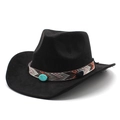 Chapeau fedora en daim noir avec bande tressée bohème et pierre turquoise centrale - Suédine Noire