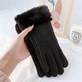 Women's warm black faux suede gloves with white stitching and plush faux fur cuffs - One Size / Black Wool Warm