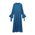Blue satin midi dress with high neck, long sleeves and bow tie cuffs on white background - XS / Sky Blue