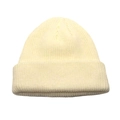 Close-up of beige thick knit beanie showing the premium ribbed texture and folded cuff - White