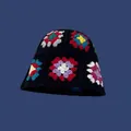 Handmade black crochet bucket hat with colorful granny square floral knit patterns - M (56-58cm) / Double Row Flower Bucket Hat Black