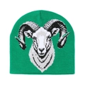 Close-up of green knit beanie featuring a detailed white ram head jacquard pattern - M (56-58cm) / Green