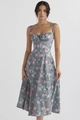 Detail of light blue floral dress showing drawstring neckline and delicate satin texture - S / Bottoms / Light Blue with White Floral
