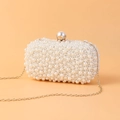 Pochette de soirée rectangulaire élégante avec perles brodées et chaîne dorée fine - Blanc Cassé