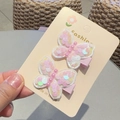 Pink sequin butterfly hair clips set with pearls on a display card for girls - White Duckbill Clip (Pair)