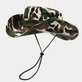 Detail view of camouflage hiking hat with wide reinforced brim and adjustable chin strap - Jungle Camouflage (Color 7)