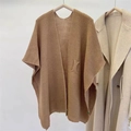 Thick camel knitted poncho for women featuring a stylish pattern and front open design - Coffee