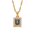 Goldkette mit rechteckigem schwarzen Edelsteinanhänger und weißem Zirkonia-Rand - Quadratischer Zirkonia-Anhänger mit Wasserwellenkette / Schwarz