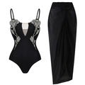 Costume da bagno nero con rose di strass e set coordinato di gonna pareo lunga - S / Set
