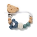 Detailed texture of blue crochet bear and natural wooden beads on baby pacifier clip - Dark Blue