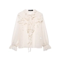 Elegante gebroken witte shirt met lange mouwen, ruches en een stippenpatroon - XS / Broken Wit