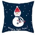 Detail of blue winter pillow cover featuring a snowman pattern and Happy New Year text - Dark Blue Red Hat Snowman Happy New Year
