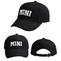 Detailed views of black cotton baseball cap showing MINI embroidery and metal strap buckle - New Mini Style / Black