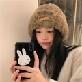 Brown faux fur beanie hat for women featuring colorful Sunshine embroidery in plush material - Embroidered-Khaki
