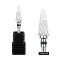Detailed view of OMTC05 ceramic nail drill bit for precision cuticle removal and manicure - Black Ring Sharp Tapered Style (OMTC05)