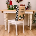 Linen Christmas chair cover with truck print and black-white checkered edge accent - Black and White Lattice Truck Lettering Style