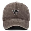 Dark brown washed cotton baseball cap featuring a detailed black cat embroidery - Coffee