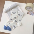 White cotton crew socks with blue toes and minimal cat and yellow flower prints - One Size / White Cat