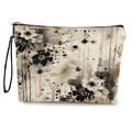 Beauty case in tela con stampa floreale a inchiostro con cerniera nera e cinturino a mano - 17*25cm (Lino) con Cinturino / Fiori a Inchiostro (Stile)