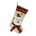 Detail of linen Christmas stocking featuring a 3D reindeer with red plaid scarf and hat - 3D Reindeer