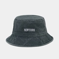 Close-up of white NEWYORK embroidery on vintage charcoal washed cotton bucket hat - M (56-58cm) / Army Green