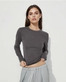T-shirt gris foncé à manches longues avec col en V en modal doux et maille côtelée - S / Col rond / Gris Fer