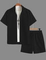 Gros plan sur l'ensemble deux pièces noir pour homme en tissu jacquard à texture 3D - S / Noir