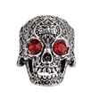 Vintage silver skull ring for men featuring red ruby eyes and gothic floral carvings - Adjustable Open / Vintage Silver - Red Eyes