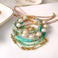 Ensemble de bracelets bohèmes avec perles de menthe, perles et chaîne dorée - Ensemble Multi-Rangs (TZS220050)