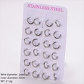 Set of 12 pairs of silver 2mm thick stainless steel hoop earrings on a display card - Silver (Inner Diameter 8mm)