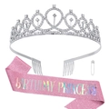 Pink glitter Birthday Princess sash with silver rhinestone crown party set - BIRTHDAY PRINCESS Pink Holographic Set