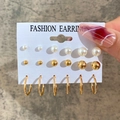 Set of 9 pairs of gold ball studs, faux pearl earrings and hoop earrings in varied sizes - 9 Pairs Gold Pearl Sphere Set (5485)