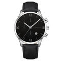 Men's fashion quartz watch with black leather strap and black dial featuring Roman numerals - Black Dial Silver Case Black Strap