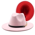 Detail of pink and red two-tone wool fedora hat with gold chain and black leather band - Pink + Red