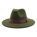 Detail of dark green wool fedora hat featuring a brown leather decorative strap band - M (56-58cm) / Army Green