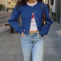 Minimalist blue button-up knitted cardigan for women in a stylish short length cut - S / Blue