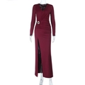 Sexy wine red V-neck long-sleeve dress with high slit and rhinestone waist buckle - S / Burgundy