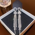 Silver bow dangle earrings with long cubic zirconia tassels and S925 silver posts - E0350 Silver Needle (Bow Zircon Tassel Silver)