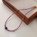 Natural purple tiger eye beaded necklace with gold accents and a white pearl drop - Amethyst Necklace XL0595