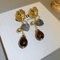 28# 925 Sterling Silver Earring Post - Golden Heart Mixed Stone