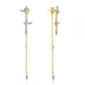 Detail of long gold tassel earrings with sky blue stones in a delicate floral design - Light Blue Zirconia
