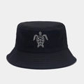 Detailed close-up of gray turtle embroidery on a black cotton bucket hat with fine stitching - Black / M (56-58cm)