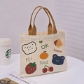Mini canvas handbag in beige with colorful cartoon bear patterns and brown woven handles - Fruit Bear - Cream White