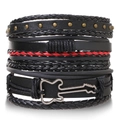 Multilayer black leather woven bracelet set with guitar metal charm and metal studs - Black (Rock Guitar/Rivets)