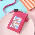 Pink PU leather card holder with matching lanyard and functional zipper pocket - Rose Red