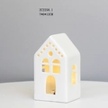 Detail view of ceramic house LED night light showing 7x6x12CM size and warm glow - RH2258 (7x6x12cm)